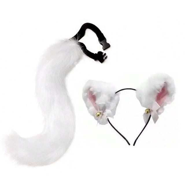 Conjunto de orejas y cola de gato, accesorios para disfraces de cosplay para actuaciones en el escenario y carnaval. Blanco