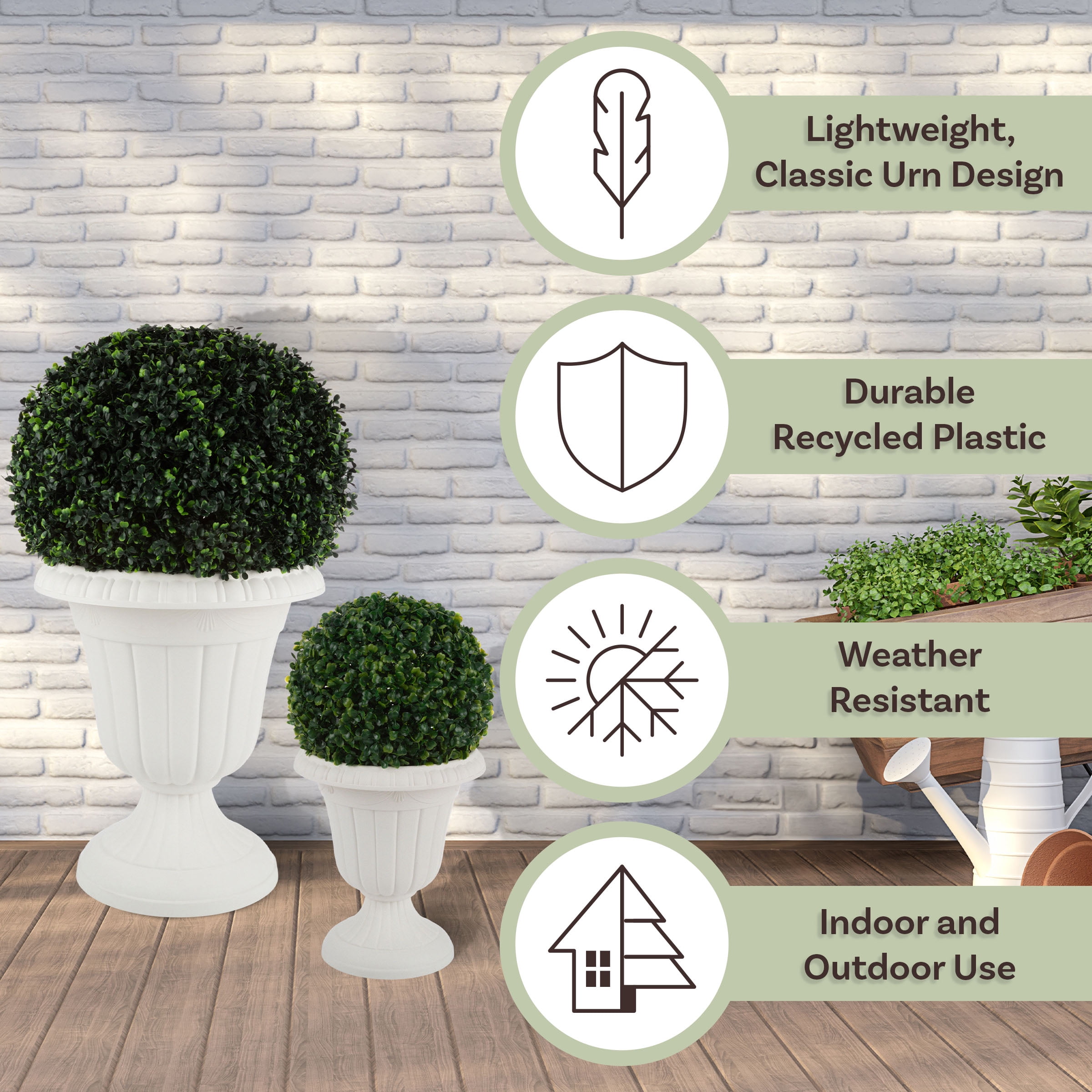 Pure Garden Large and Small Outdoor Urn Planter 2-Pack, White