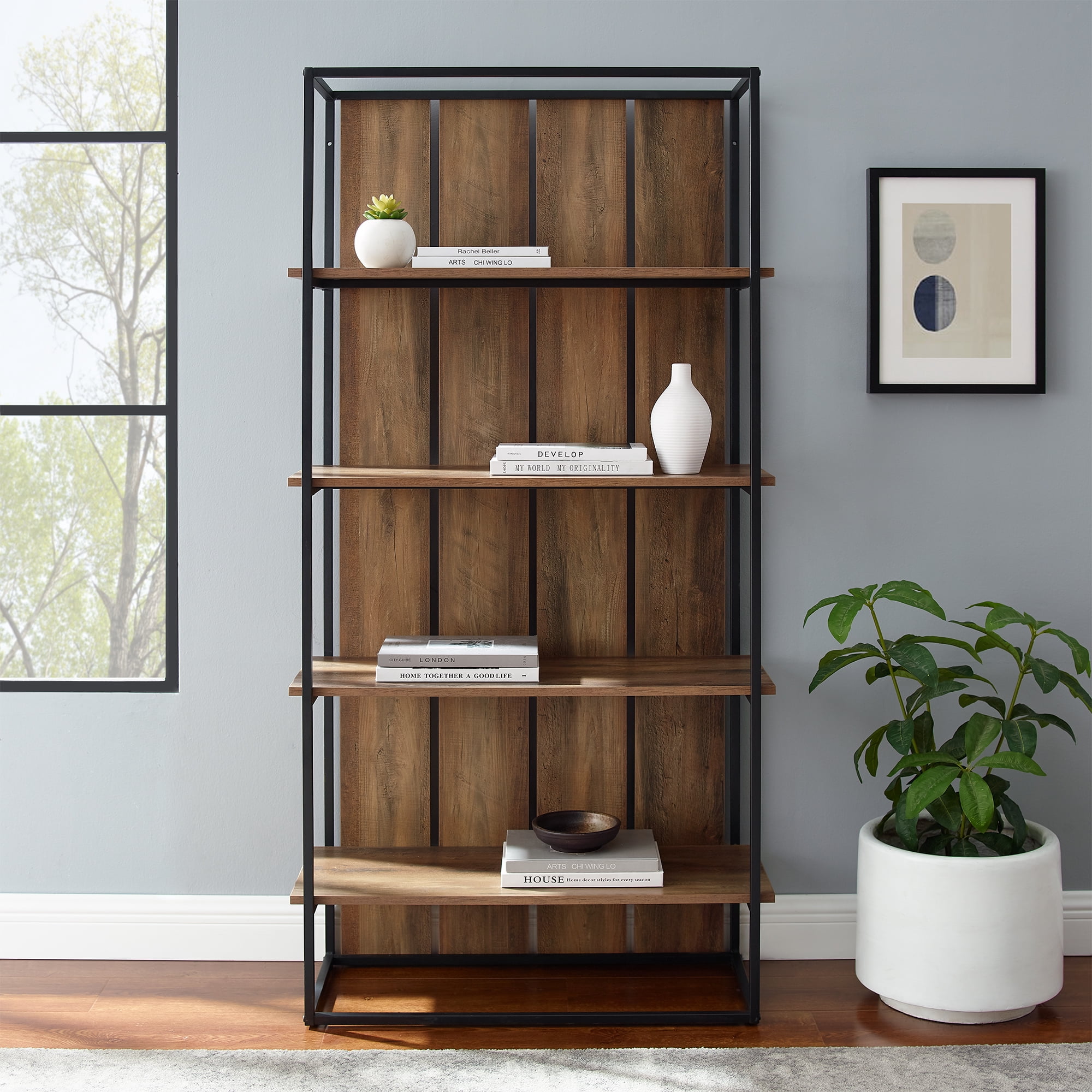 Woven Paths 64" Farmhouse 4 Shelf Bookcase, Reclaimed Barnwood/Black