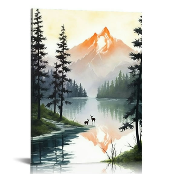 Acheng Green Framed Canvas Wall Art Nature Mountain Forest Birds Sunrise Print Picture Wall Art Landscape Painting Art for Living Room Bathroom Office Modern Abstract Artwork Wall Decor 12x16 in