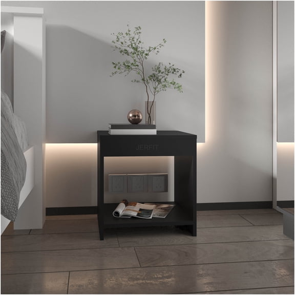 JERFIT Modern Nightstand with Shelf, 16.5 Inch Small Bedside Table, Compact End Table for Bedroom, Black Engineered Wood