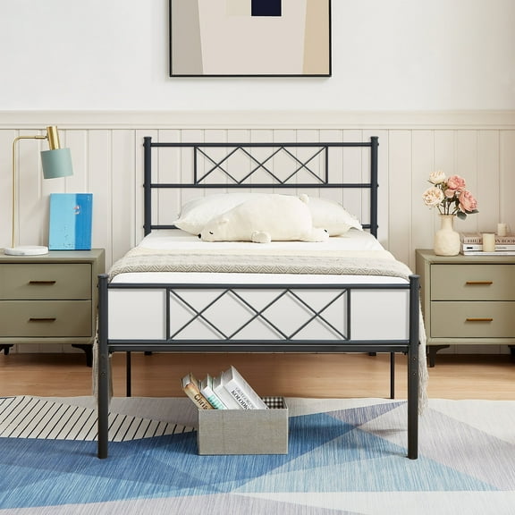 VECELO Metal Bed Frame with Headboard, Modern X-Design Platform Bed Heavy Duty Slat Support, Easy Assemly, Twin Size, Black