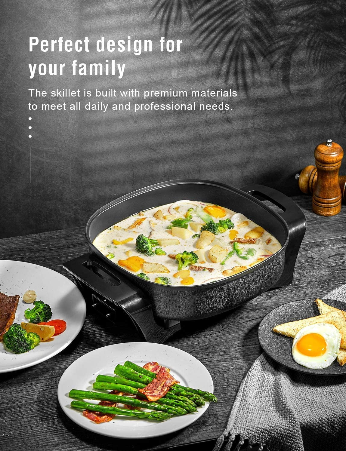 Electric Skillet, 12 Inch Deep Non Stick Electric Frying Pan with Standable  Glass Lid, 3 Marked Heating Levels, Heat Resistant Handles and Dishwasher