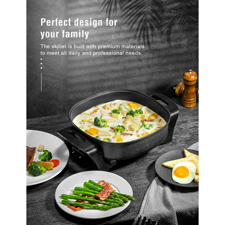 16-inch Electric Foldaway Nonstick Skillet - with Tempered Glass Cover & Stay-Cool Handles Allow Skillet to Double As A Buffet Server, Black
