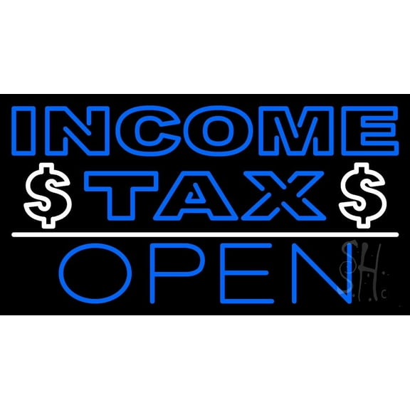 Blue Income Tax Open With Dollar Logo LED Neon Sign 13 x 24 - inches, Black Square Cut Acrylic Backing, with Dimmer - Bright and Premium built indoor LED Neon Sign for Defence Force.