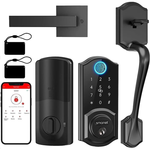 SMONET Smart Lock Front Door Keyless Entry Door Lock with Handle, Smart Front Door Lock Set Fingerprint Smart Deadbolt Bluetooth Electronic Digital Keypad Lock, Auto Lock Black