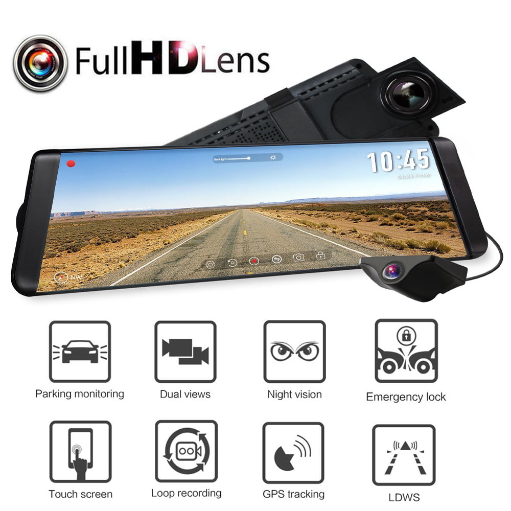 Mirror Dash Cam 10 Full Touch Screen Full HD Dual Lens Front and Rear Camera Video Streaming Media Night Vision with 32GB SD Card & Hardwire Kit