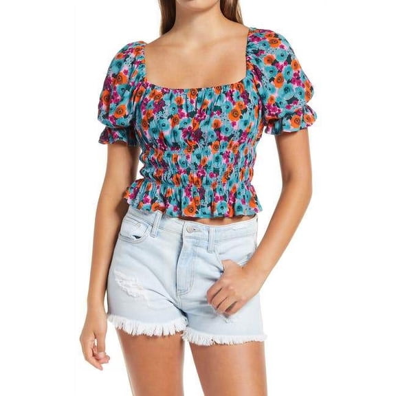 ALL IN FAVOR Puffed Short Sleeves Floral Print Smocked Square Neck Women's Blouse Tops XS