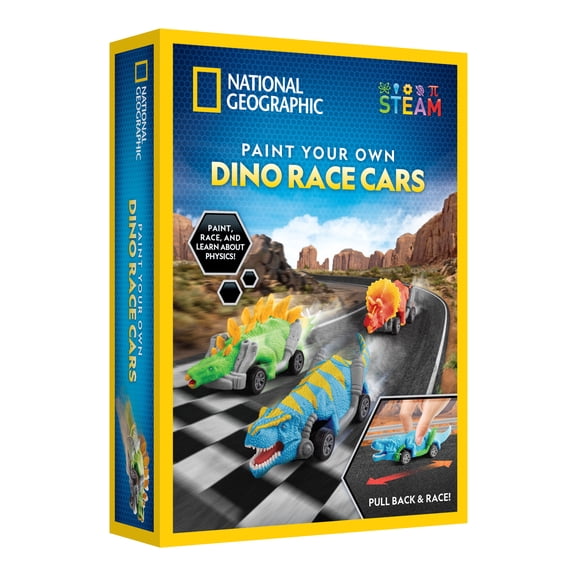 NATIONAL GEOGRAPHIC Pull Back Dinosaur Race Cars Craft Kit - Paint 3 Dino Racecars with 6 Paint Colors, Arts & Crafts for Kids Ages 3 
