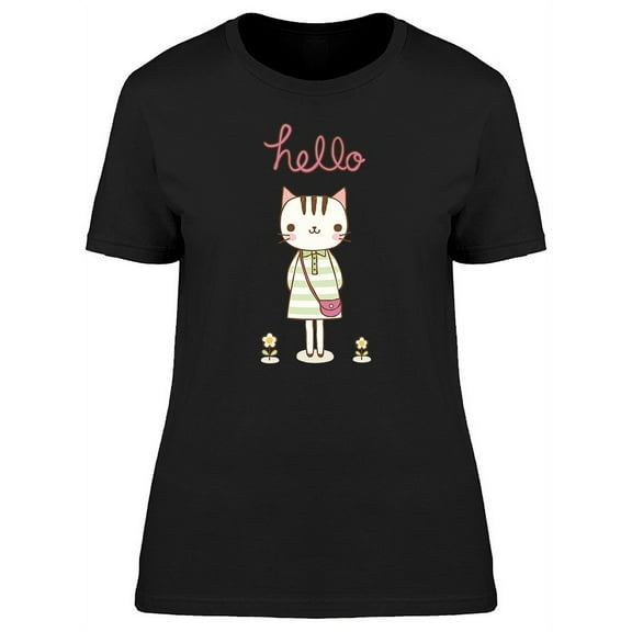 Hello, Cute Kitten Doodle T-Shirt Women -Image by Shutterstock, Female Medium
