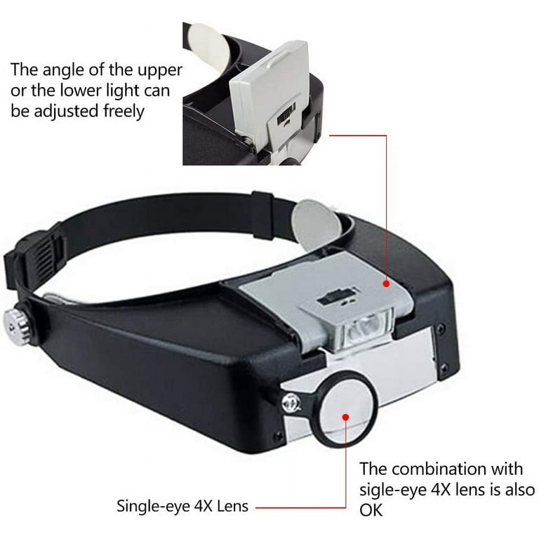 Headband Headset Magnifier Magnifying Glass Loupe Glasses with LED Light for Reading Jewelers, Size: Small, White