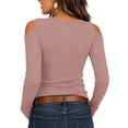 thumbnail image 3 of AKOEE Womens Long Sleeve Tops V Neck Cold Shoulder Soft Knit Base Sweater Slim Fit Trendy Going Out Clothes (XL, Pink), 3 of 8