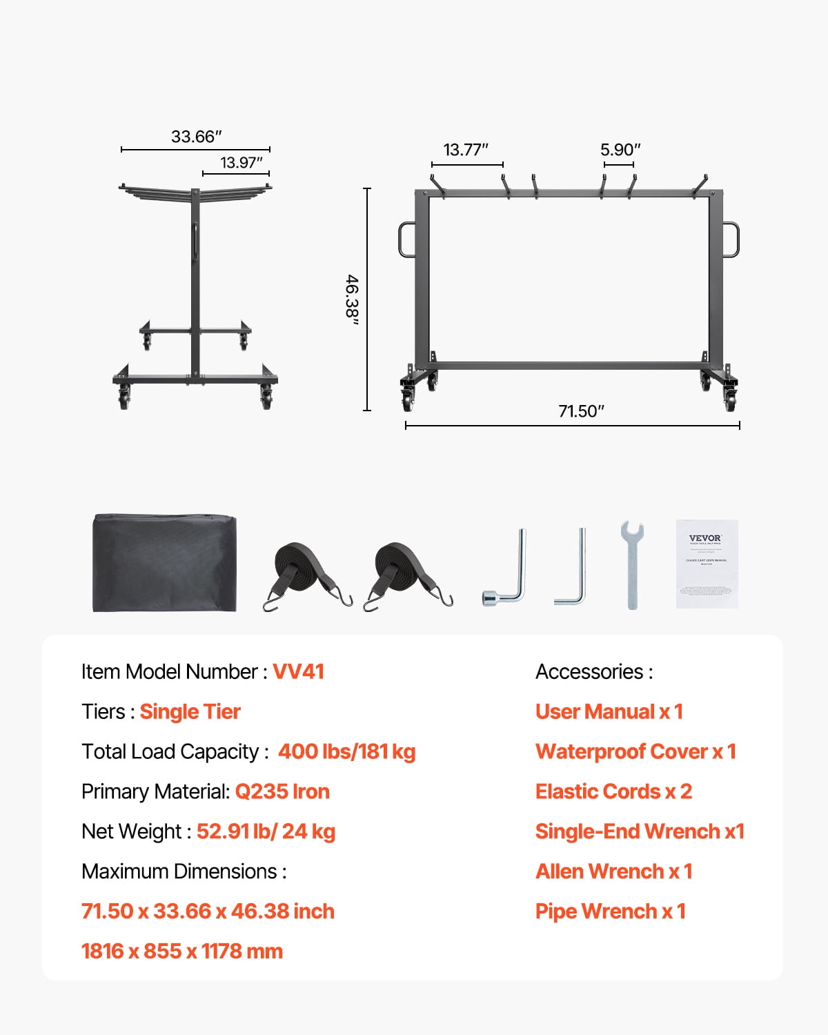 VEVOR Folding Chair Rack, 400 LBS Capacity, Heavy-duty Chair Cart for 42 Chairs or 12 Tables, Multi-Function Chair Storage Dolly with Rubber Wheels and Holders, Large Chair Holder, Matte Black