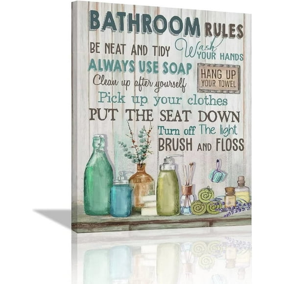 Bathroom Decor Wall Art, Bathroom Rules Wall Decor, Rustic Bathroom Canvas Prints Signs Modern Wall Decor Wood Background Bathroom Pictures Artwork Framed Bath Laundry Room Home Decorations