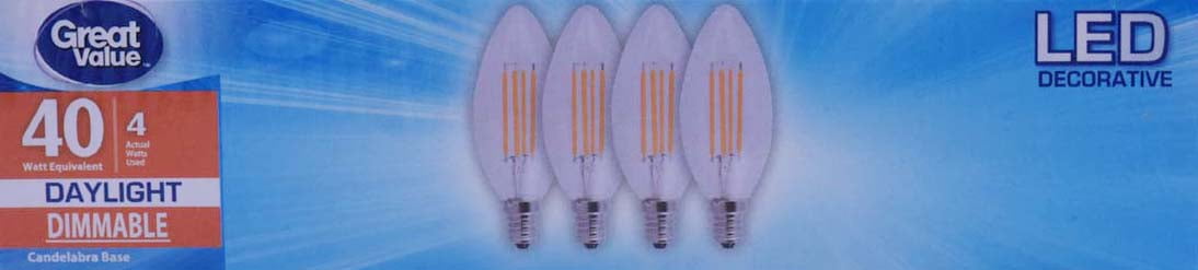 Great Value LED Decorative 4 Watts Daylight Candelabra Base Bulbs, 4 count