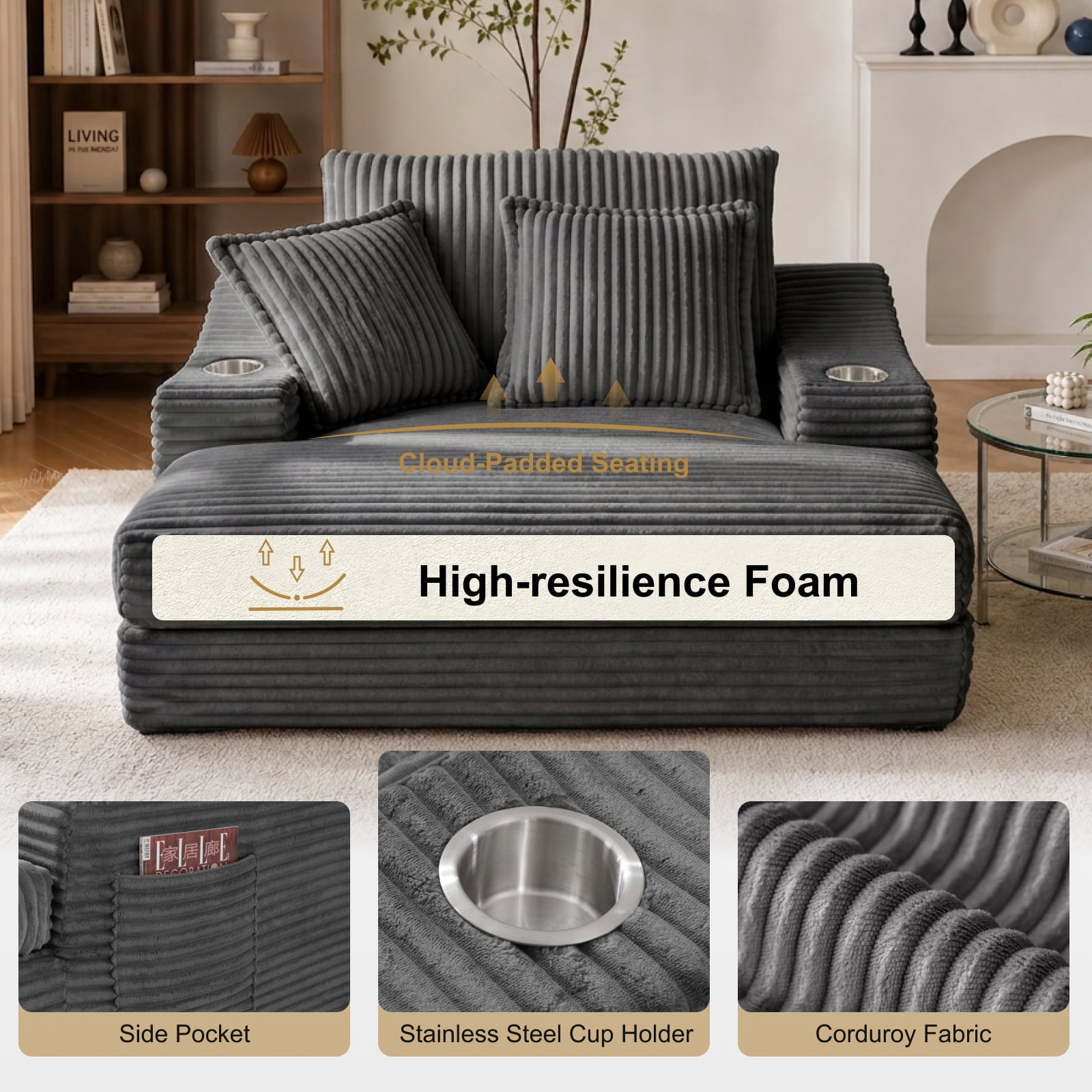47" Wide Oversized Single Chaise Lounge Chair, 67'' Sleeper Sofa Bed with Cup Holders & 3 Pillows