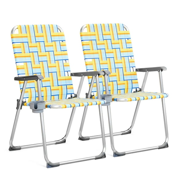 Ktaxon 2Pcs Standard Folding Lawn Chair, Portable Aluminum Patio Webbed Chair with Detachable Cup Holder, 330 LBS Heavy Duty Seating for Yard, Garden (Standard, Blue & Yellow)