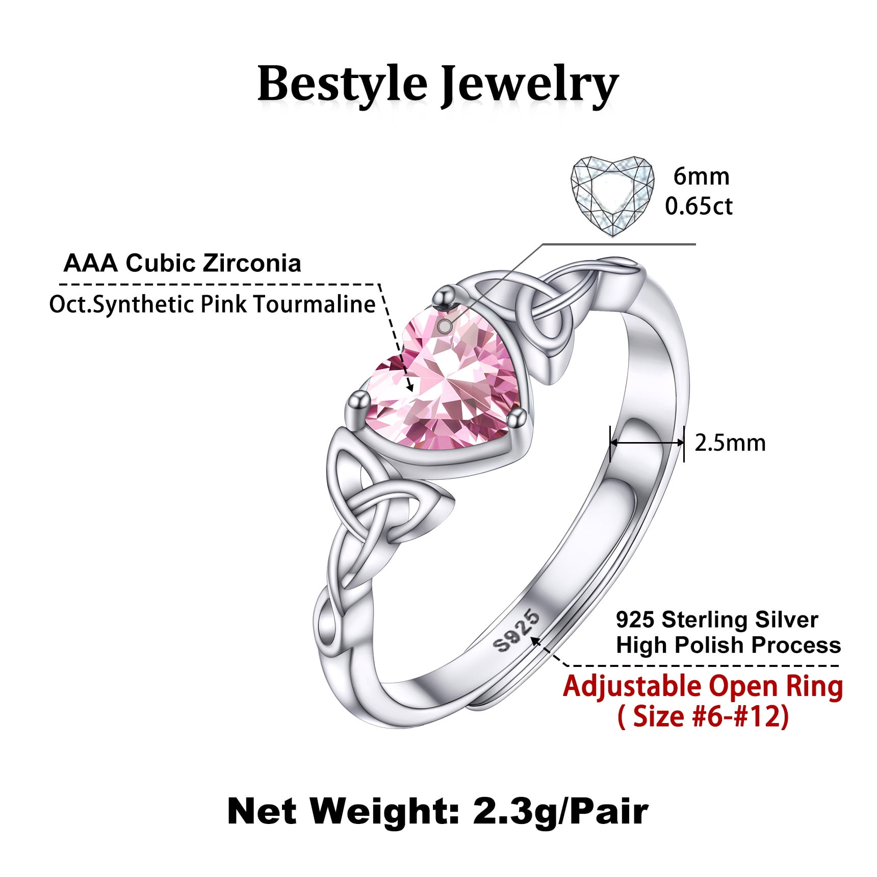 Bestyle Infinity Love Celtic Knot Rings for Women Pure 925 Sterling Silver Heart Rings October Pink Tourmaline Rings for Mom Daughter Wife Girlfriend