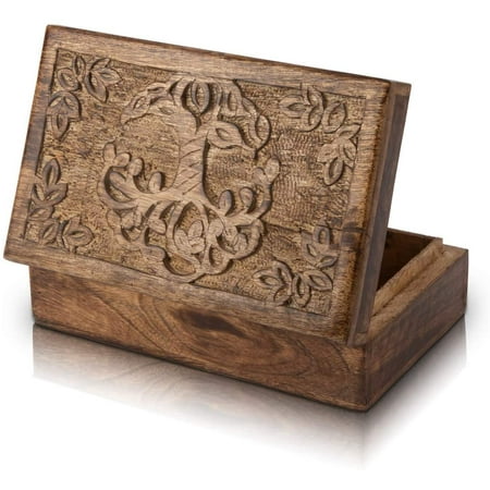 Great Birthday Gifts Handmade Decorative Wooden Jewelry Box Tree Of Life Carving Jewelry Organizer Keepsake Box Treasure Chest Trinket Holder Watch Box Storage Lock Box Housewarming Gifts