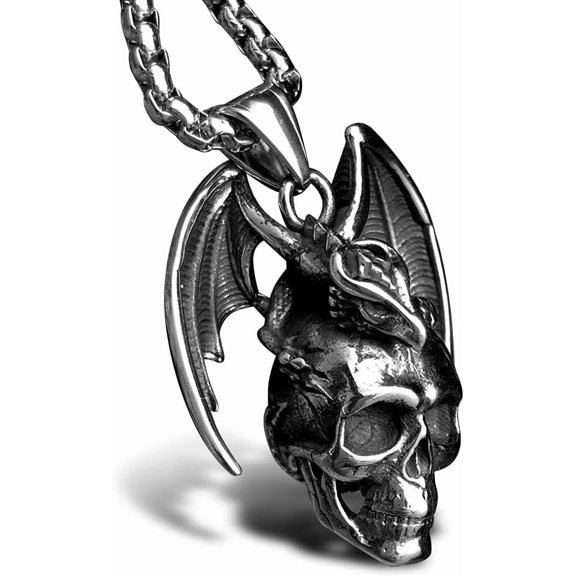 SUETOR Mens Skull Dragon Pendant Necklace for Men Silver Cool Goth Accessory Jewelry with Stainless Steel Chain