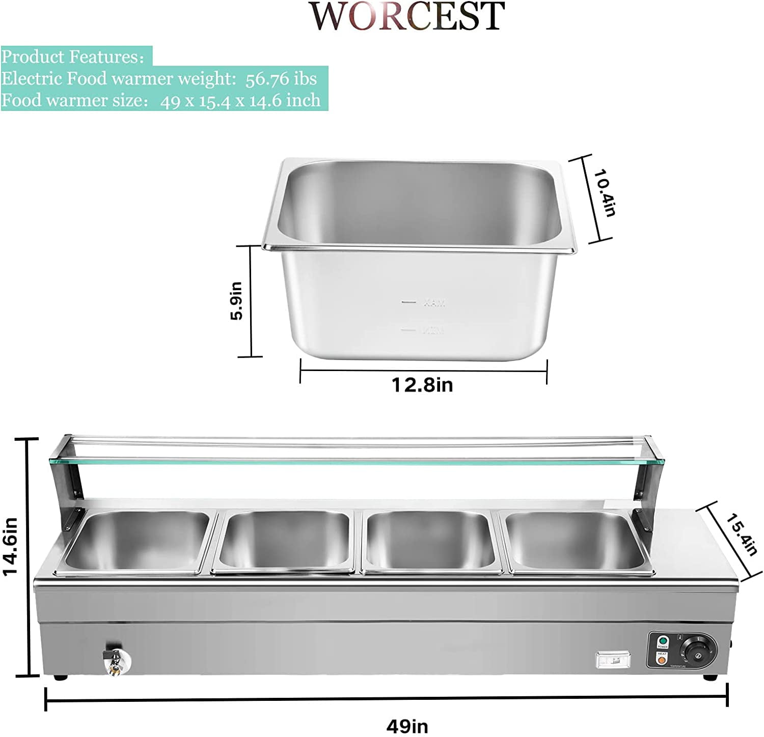  Worcest 4-Pan Commercial Food Warmer 110v 1500w Electric  Stainless Steel Bain Steam Table Food Warmer with Large Capacity Pans for  Catering and Parties Restaurants Business Occasion (110v 4-Pan): Industrial  & Scientific