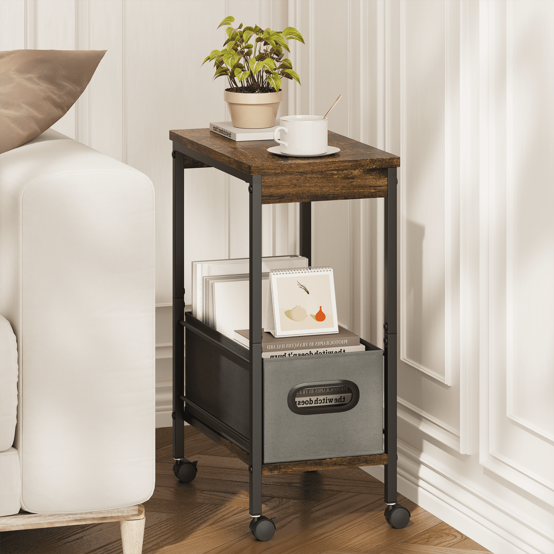 Narrow End Table Living Room with Wheel, Side Table with Fabric Drawer, Slim Nightstand for Bedroom, Small Spaces