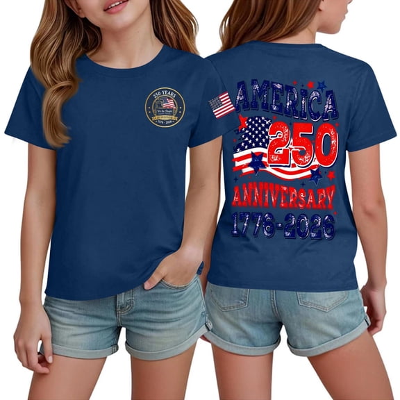 Grblisyd Girls 4th of July 250 Years America Shirt American Flag Crew Neck Tee Independence Day Short Sleeve Shirt for Kids 1-13 Years