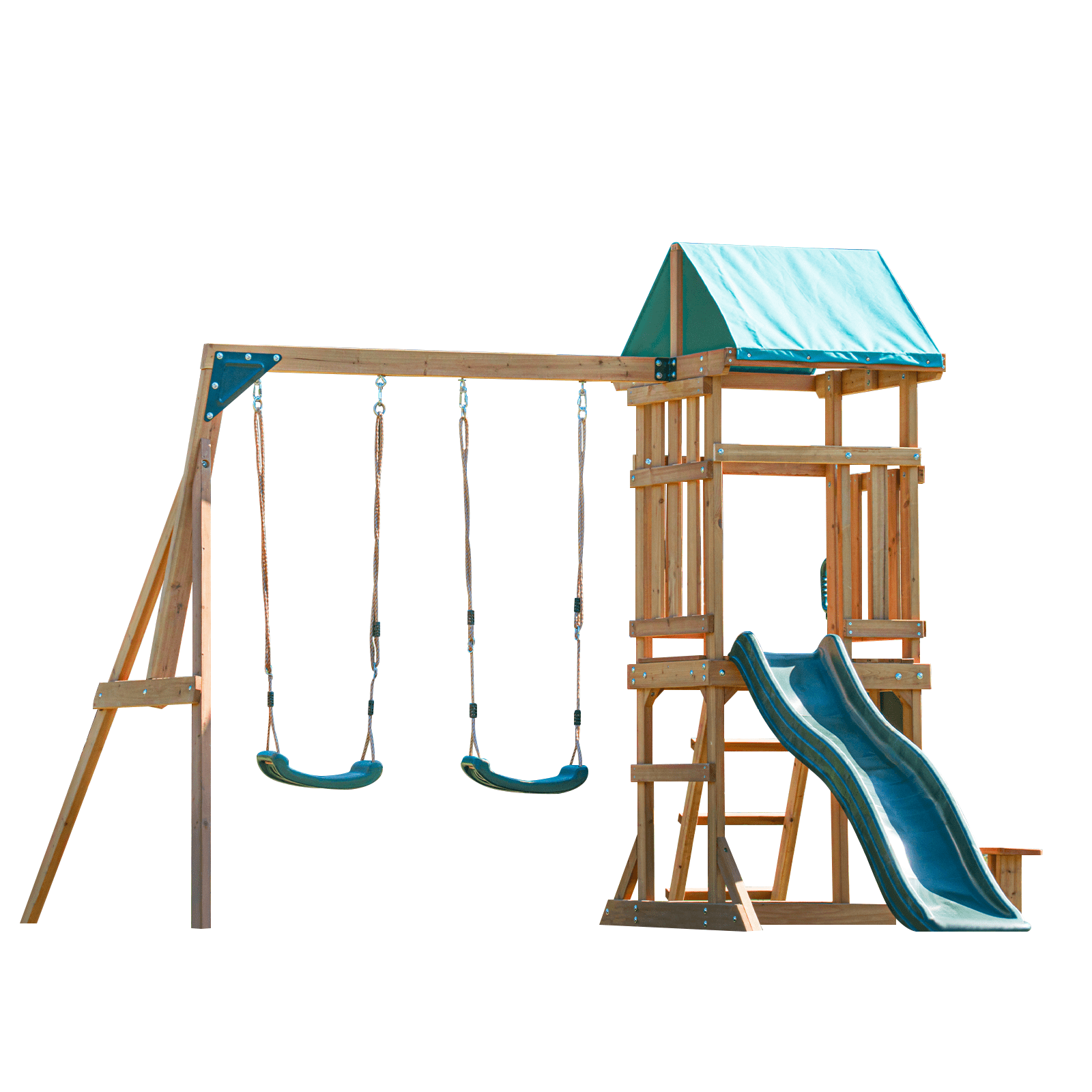 DOLPHIN PLAYGROUND Wooden Outdoor Playset with Swings, Slide, Playhouse - Durable Backyard Swing Set for Kids