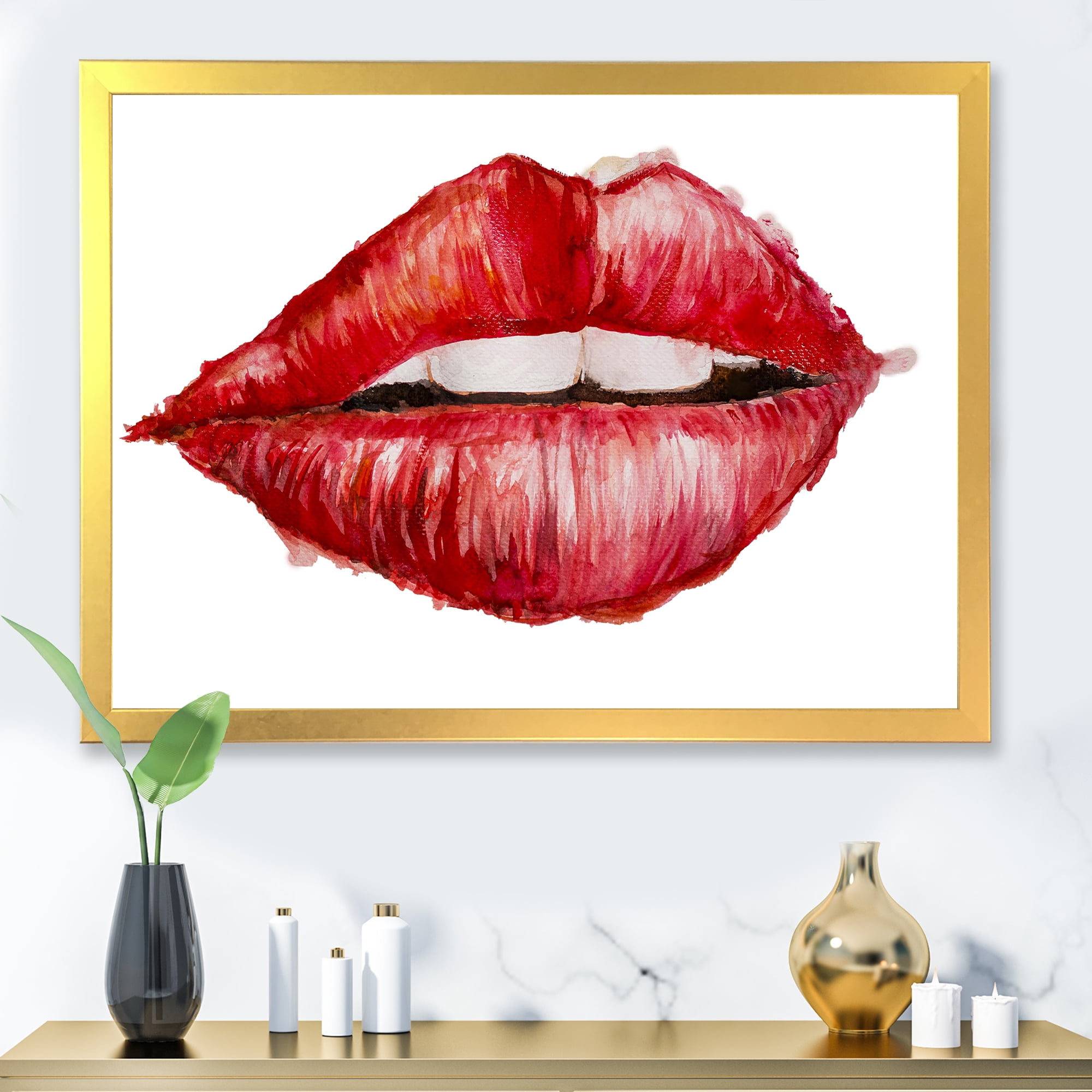 Designart 'Valentines Day Red Female Lips' Modern Framed Art Print