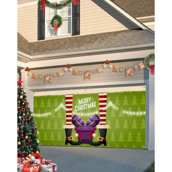 Garage Door Banner Cover 7 x 16 ft, Christmas Witch Boots and Gift Green Christmas Garage Door Decorations Holiday Christmas Backdrop Decor for Winter New Year Xmas Party