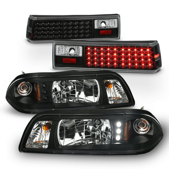 AKKON - Fits 1987-1993 Ford Mustang LED Black Housing Headlights   Corner Lamps   Tail Lights 6 in 1 LED Combo