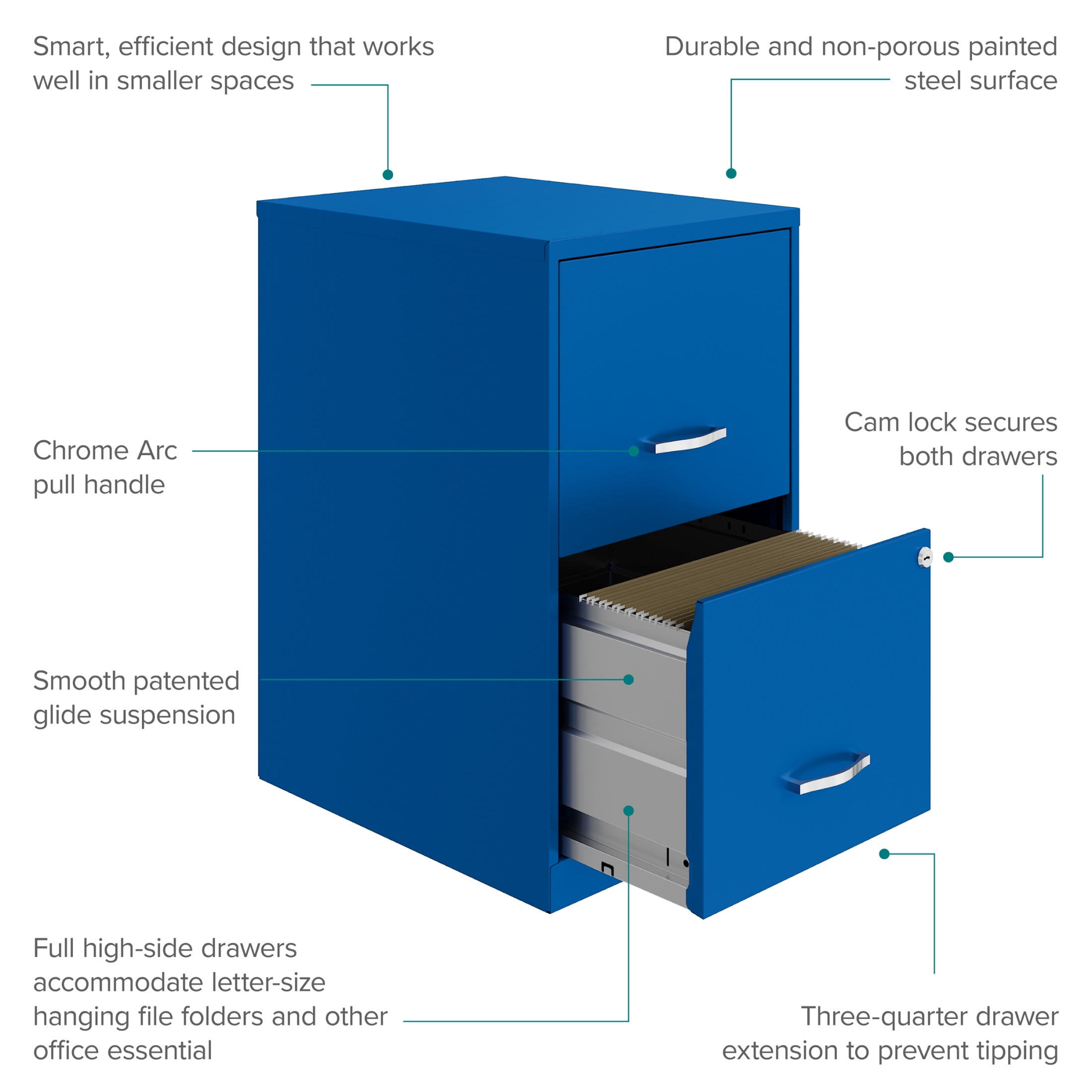 Space Solutions 18" Deep 2 Drawer Letter Width Vertical File Cabinet, Blue