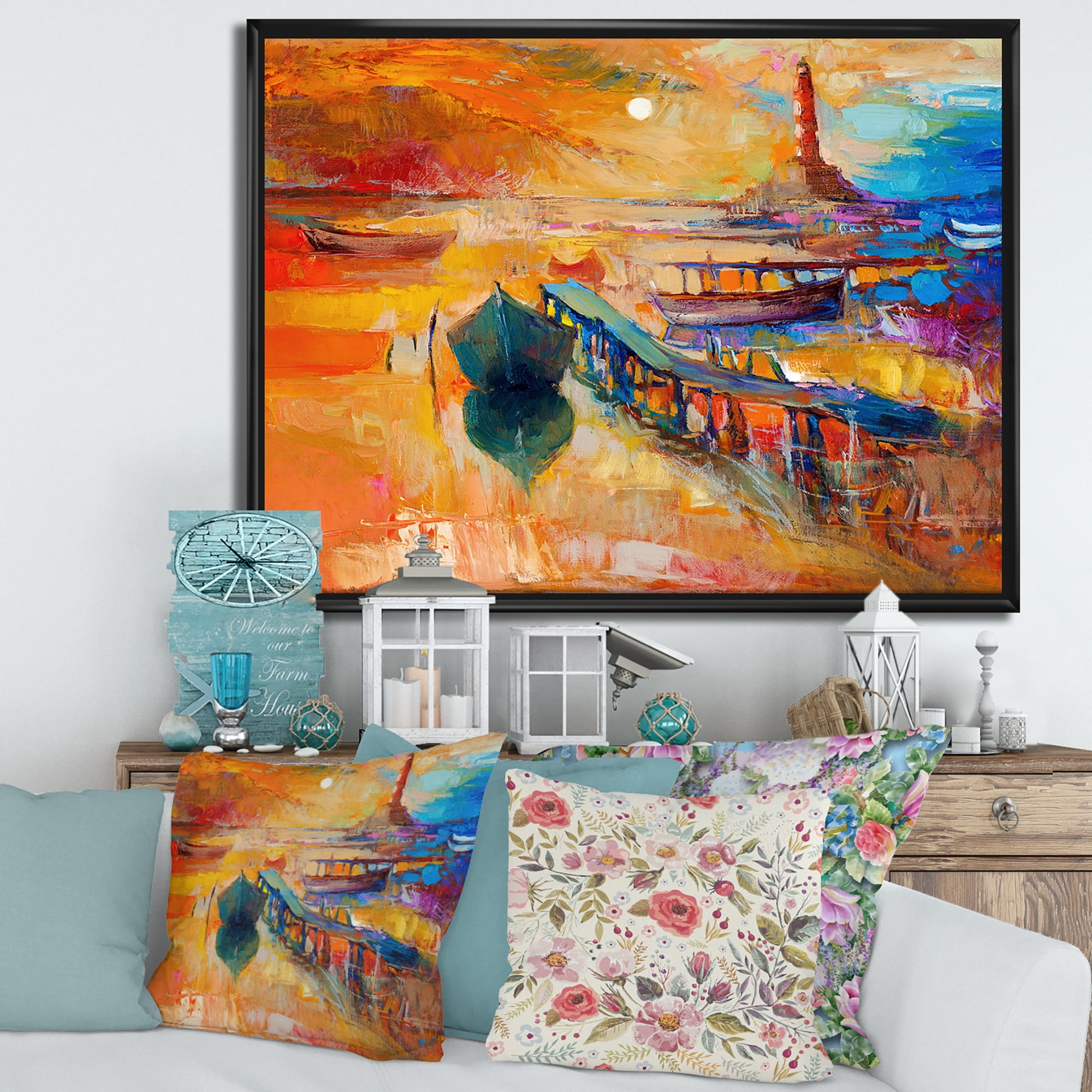 Boats Near Coastal Town Resting On The Water III 20 in x 12 in Framed Painting Canvas Art Print, by Designart