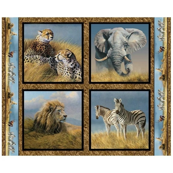 Kenyan Plains Safari Wildlife Pillow Panel Cotton Fabric