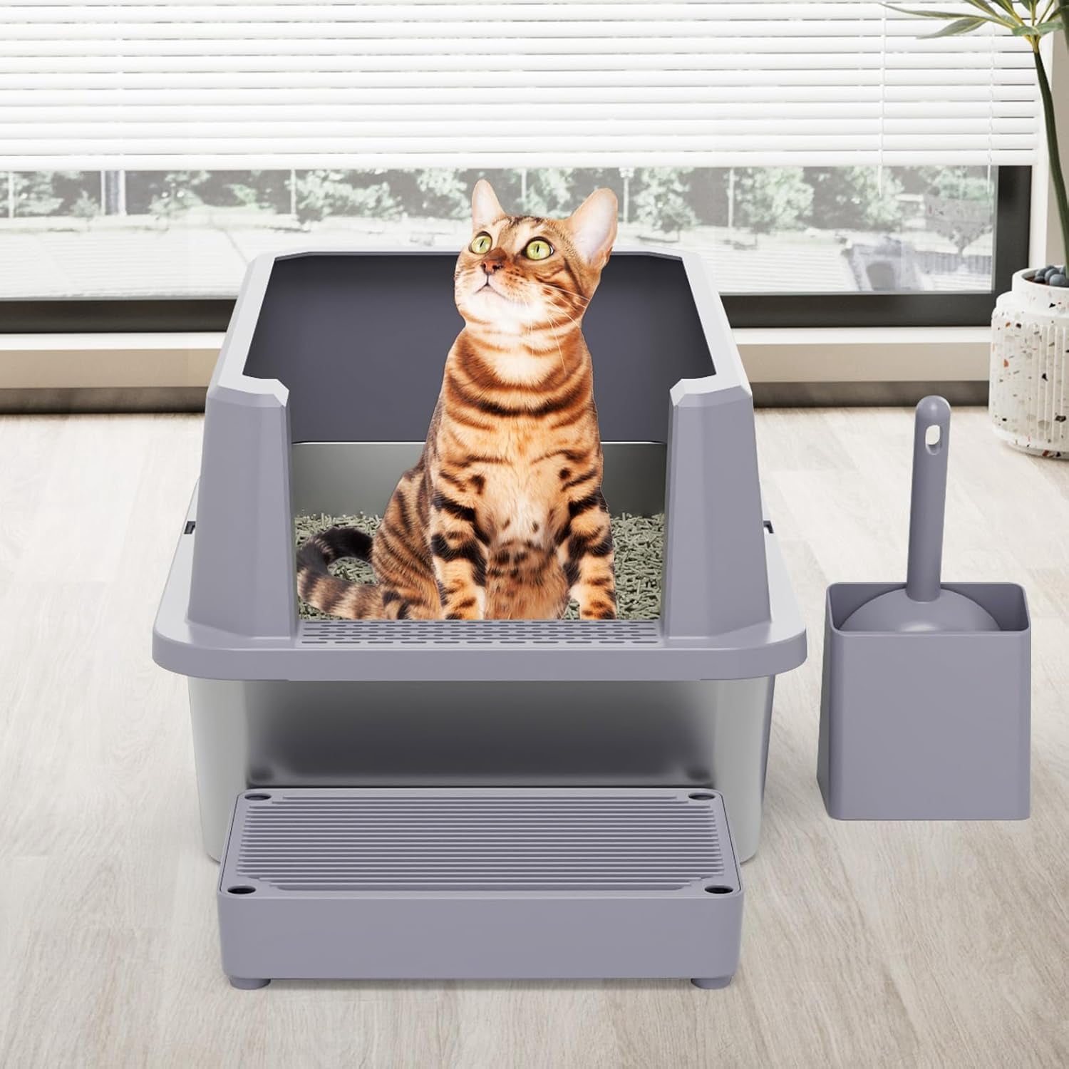 Open Cat Litter Box: Large Gray Stainless Steel Litter Pan 23.8" x 15.9" x 12.4" - High Sided Splash-Proof Easy Clean Toilet for Cats up to 20 lbs - Ideal for - Laundry Areas - Apartments