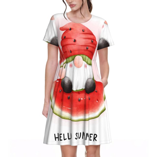 Balery Watermelon Gnome Vestidos sueltos de manga corta para mujer, vestidos de verano 2025, vestidos casuales de corte A con vuelo.