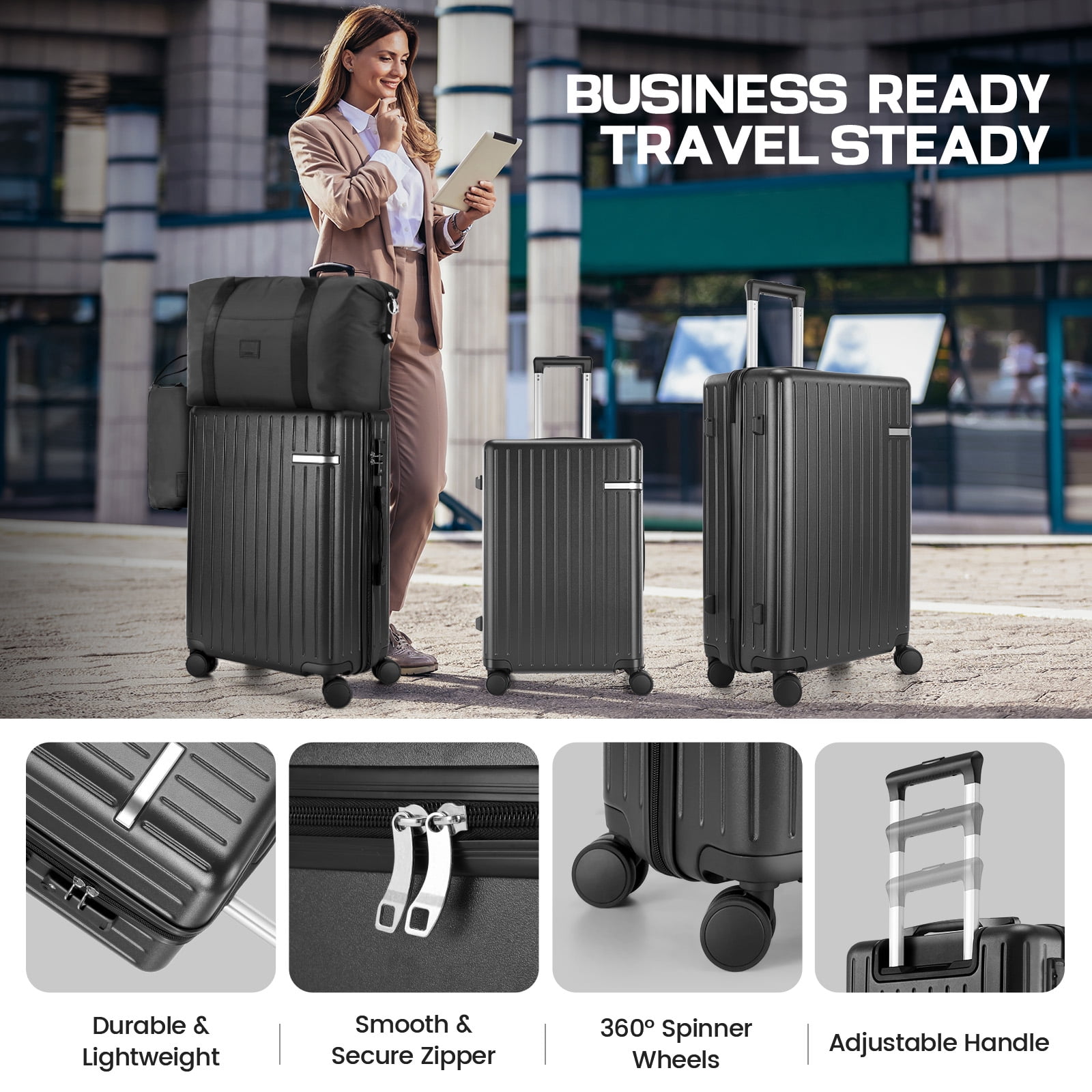 COBIZI Carry On Luggage Sets 3 Piece Suitcases With Wheels，Carry On Luggage Airline Approved With TSA Lock For Luggage，Lightweight Carry On Suitcase With Expandable Duffle Bag For Travel，Black