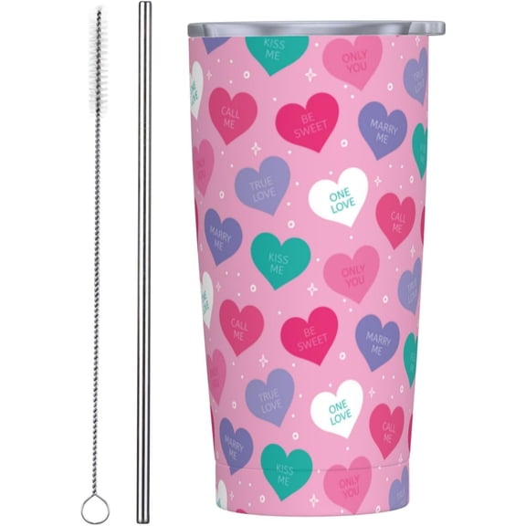 Valentine’s Day Tumbler,Heart 20oz Stainless Steel Insulated Travel Tumblers,Travel Coffee Mug with Lid and Straw Water Bottle Drink Tumbler Cups Gifts for Women Men Lovers