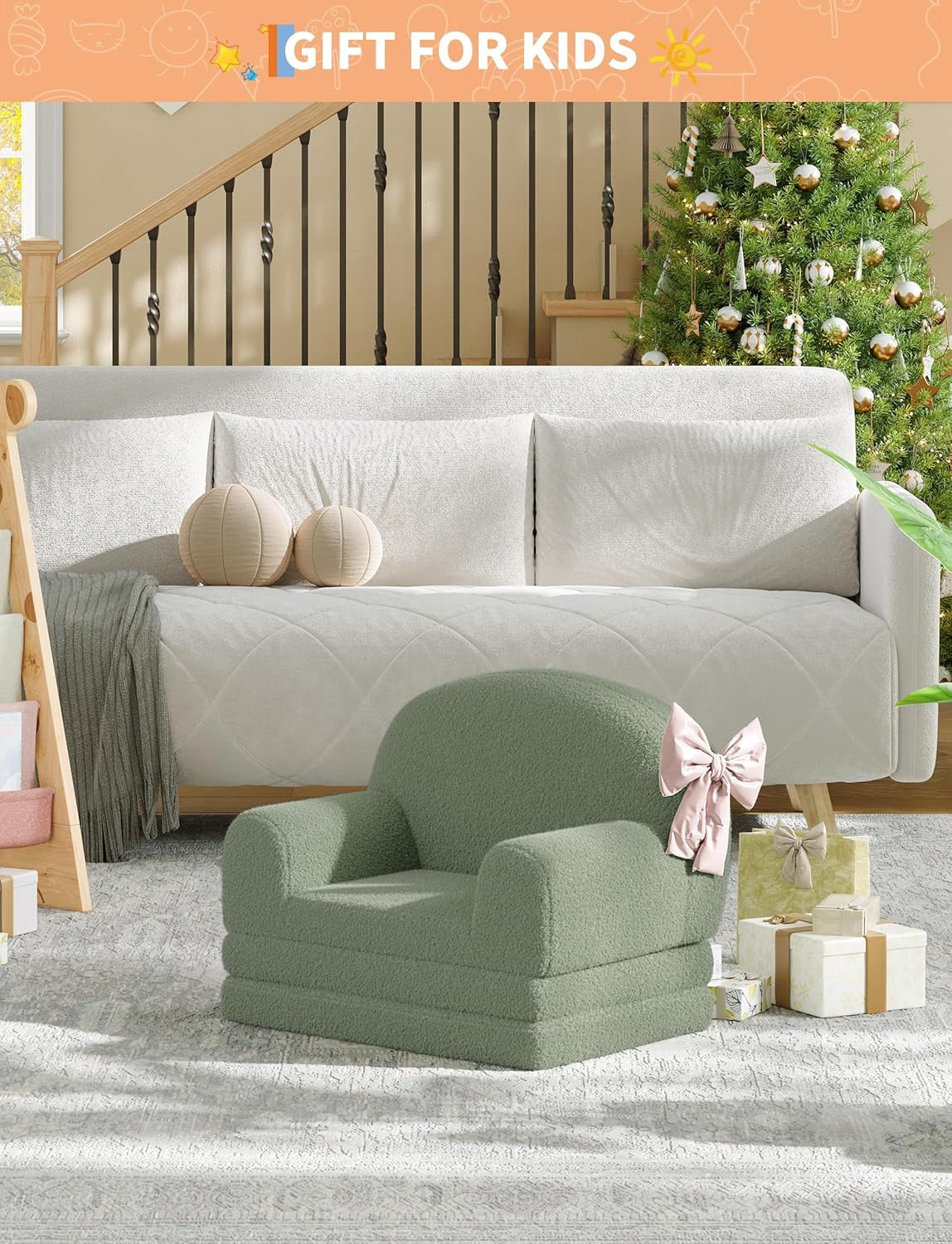 Kids Couch, 2-in-1 Convertible Teddy Fleece Fabric Toddler Sofa Chair, Soft Fold Out Couch Lounger for Kids, Comfy Children's Sofa Bed for Playroom, Nursery, Birthday Gift (Green Moon)