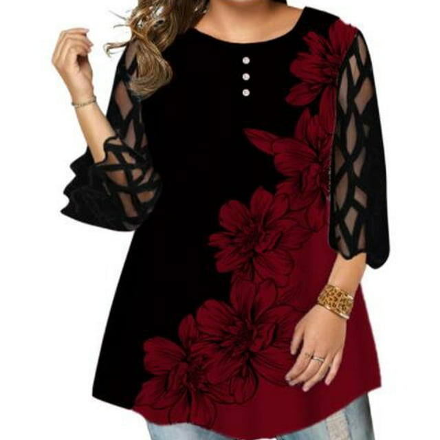 Tralilbee New Plus Size Ladies Shirts Mesh See-Through Sleeves Floral Print Casual Loose Plus Size Ladies Tops