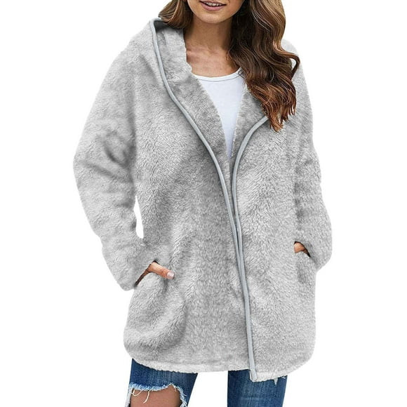 B91xZ Hoodies for Women Winter Fleece Sweatshirt Long Sleeve Faux Fuzzy Casual Zip Up Coat Pocket,Gray L