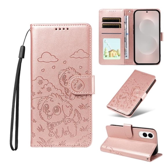 For Samsung Galaxy S25 Edge 5G Litter Dog Embossing Leather Phone Case with RFID Blocking Card Slot Wallet Magnetic Clasp Lanyard Flip Stand Case,Pink,For Galaxy S25 Edge 5G