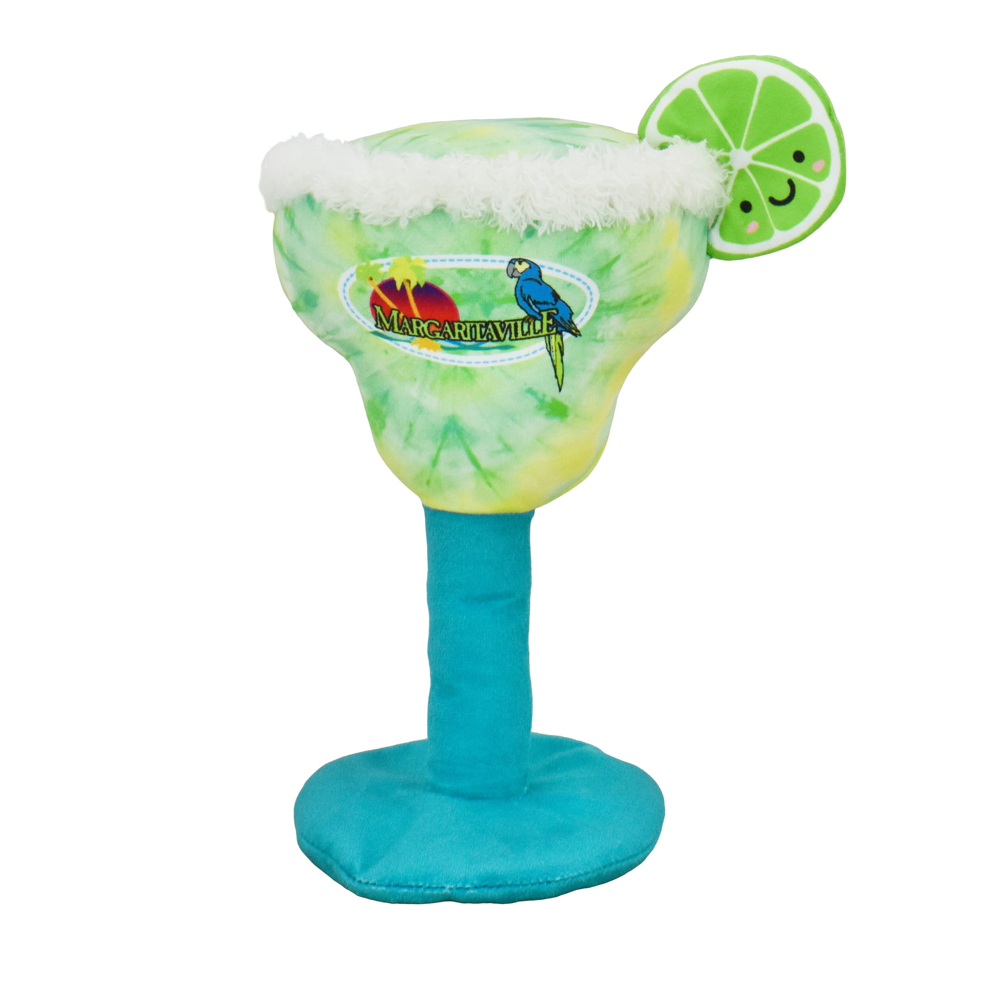 Multipet Margaritaville Margarita Glass, Plush Dog Toy, Squeaker and Crinkle Noise, Tie Dye Pattern with a Smiley Face Lime