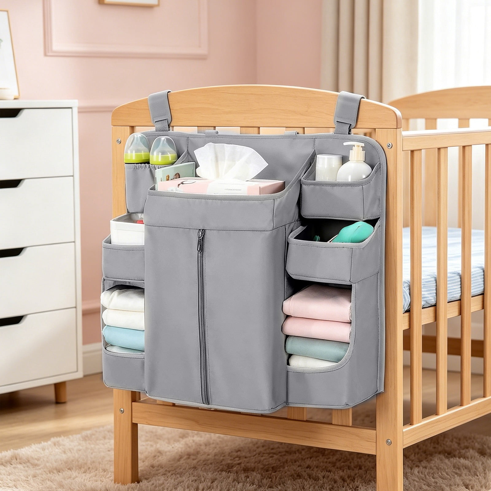 Crib Hanging Storage Bag, Large Capacity Layered Pockets, Waterproof Oxford Fabric, Drill Free Installation, Washable Nursery Organizer for Diaper Storage, Baby Essentials and Bedroom Tidying