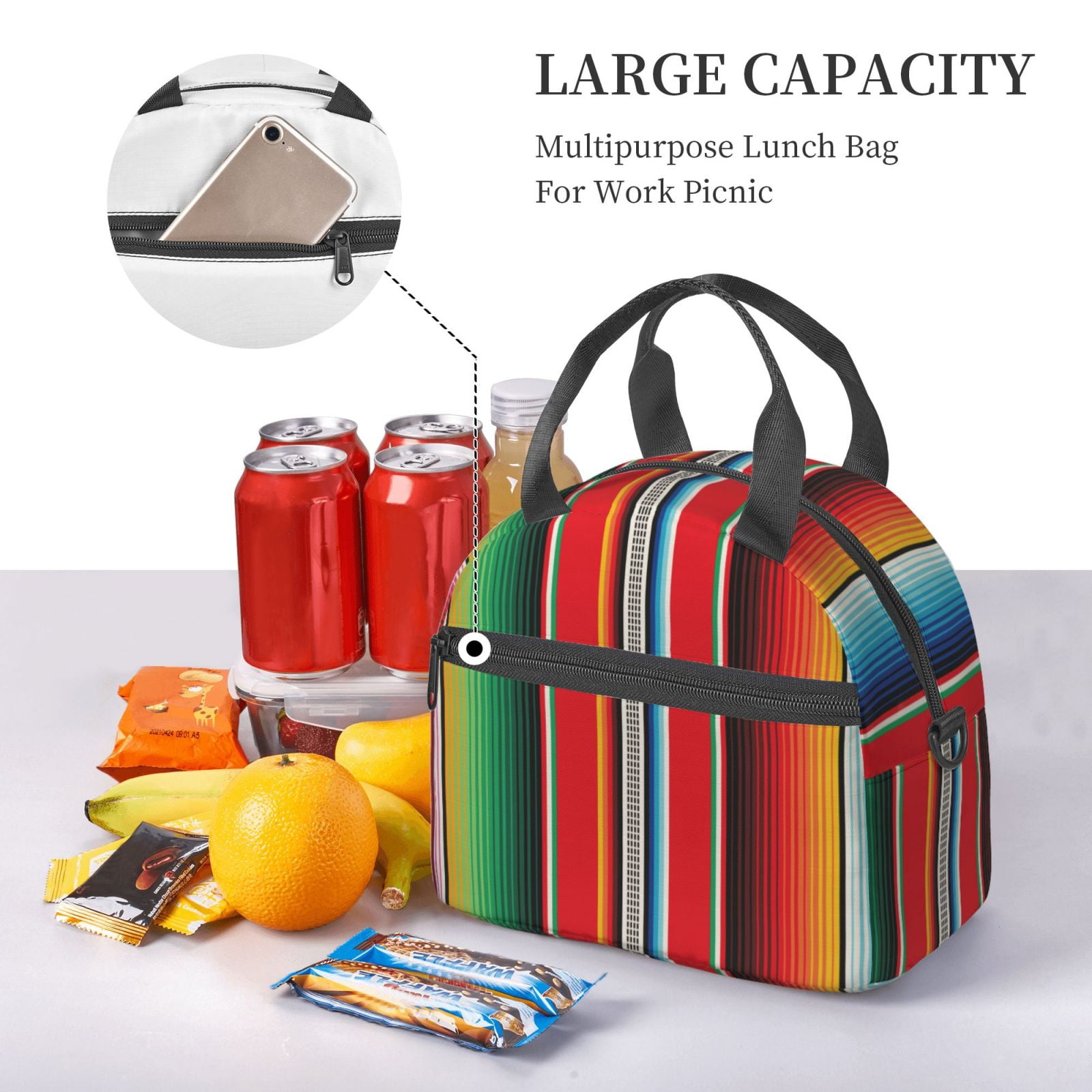 Hirioo Mexican Serape Blanket Stripes for Crossbody Lunch Box for Women Men with Adjustable Shoulder Strap for School, Work and Travel
