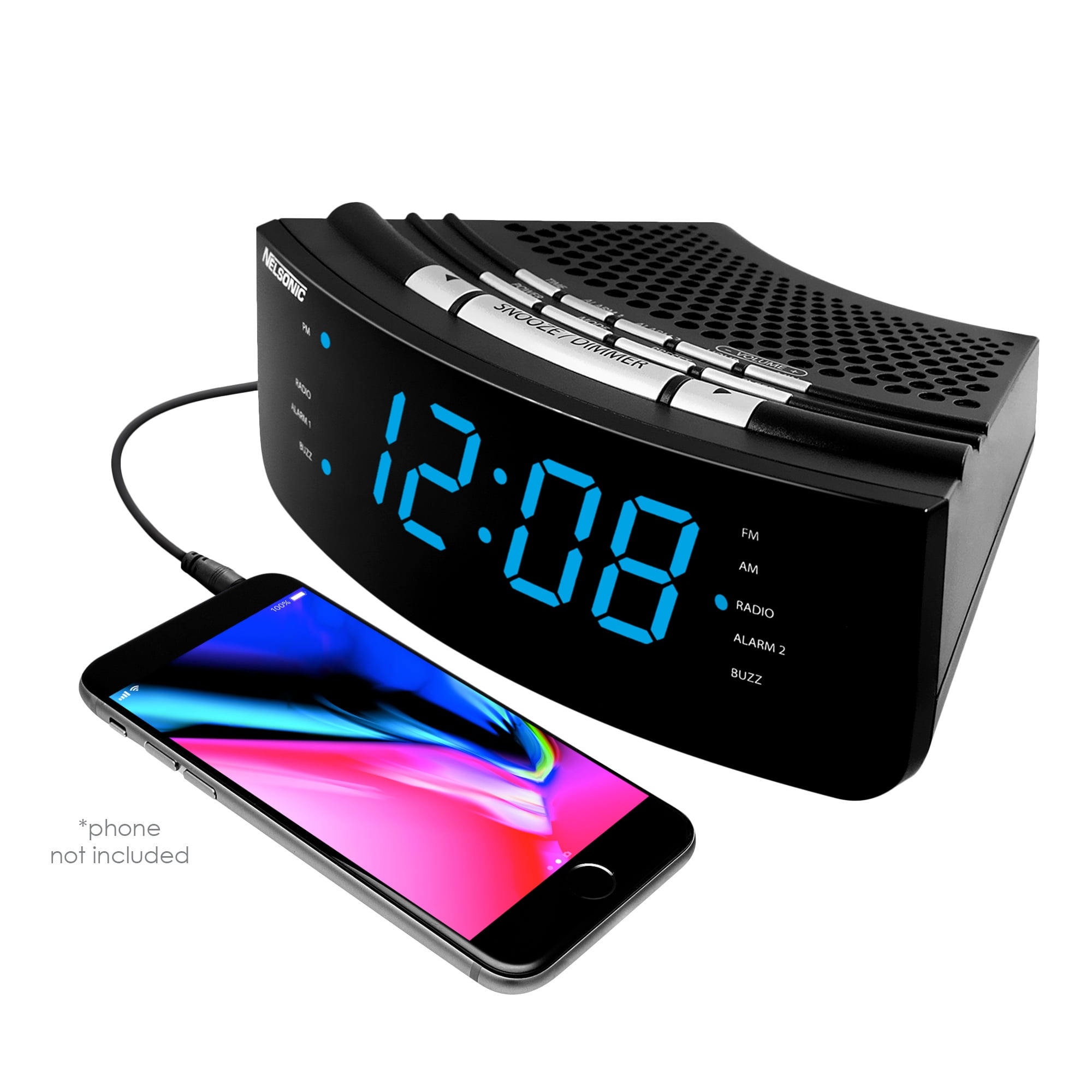 NELSONIC Digital AM/FM Clock Radio with Built in Aux Cord, Black with Blue LED Display