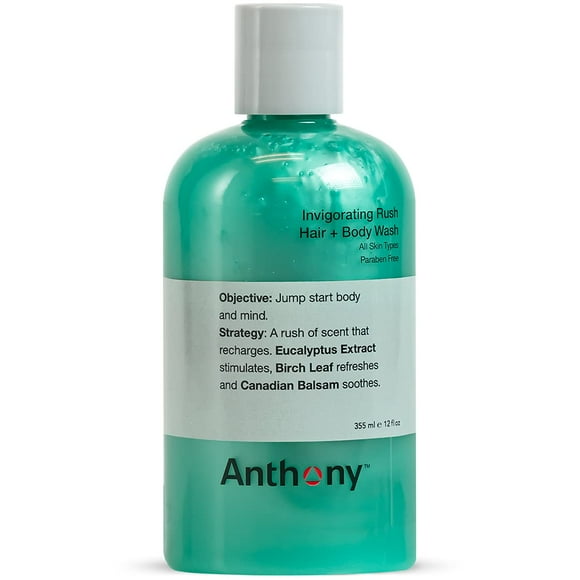 Anthony Mens Body Wash and Shampoo: Invigorating Rush 2-In-1 Liquid Gel Soap & Hair Shampoo, Pine Wood Scent, Hydrating with Eucalyptus, Canadian Balsam, Birch Leaf, Cha