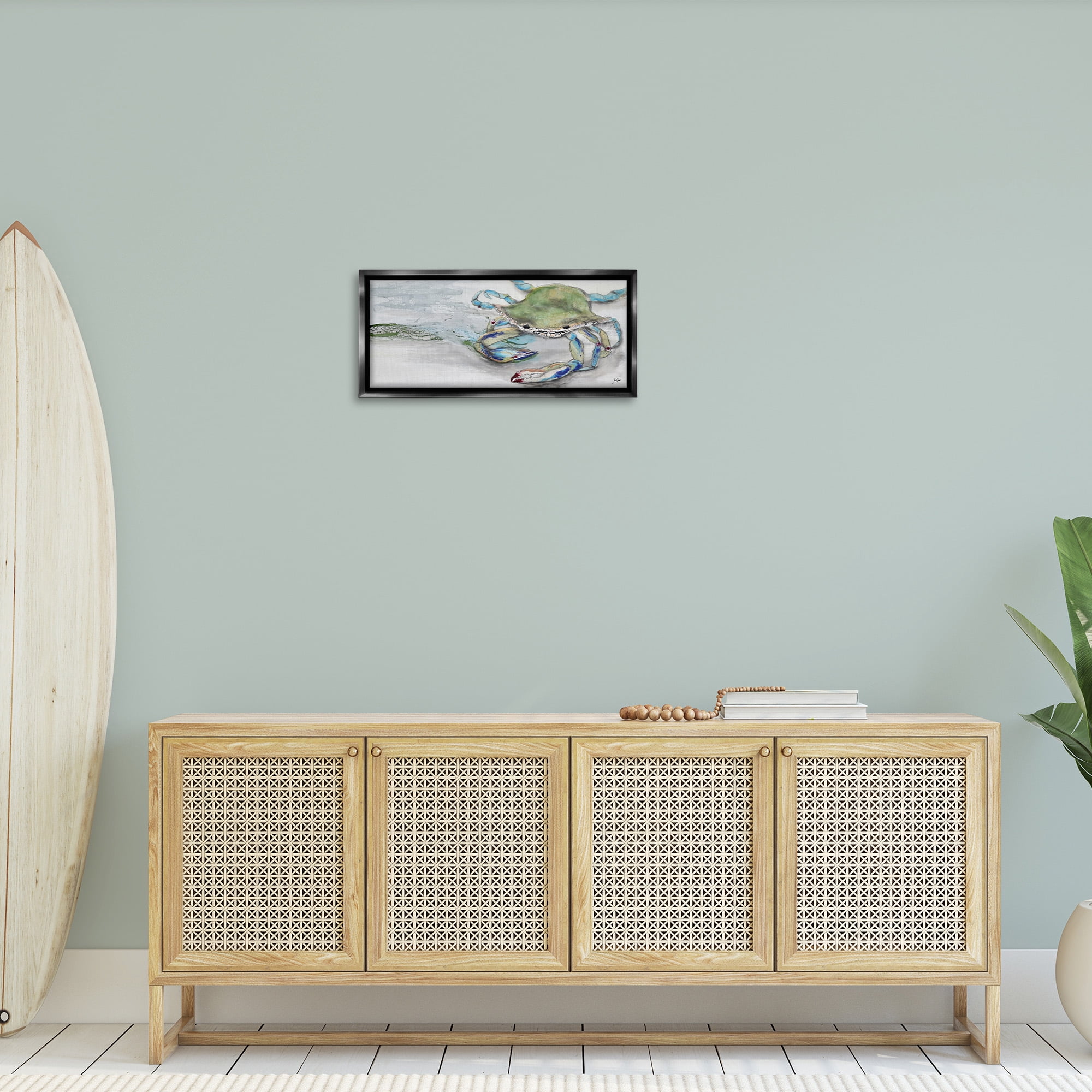 Stupell Industries Vivid Crab on Beach Shoreline Animals & Insects Painting Black Floater Framed Canvas Art Print Wall Art, 25 x 11