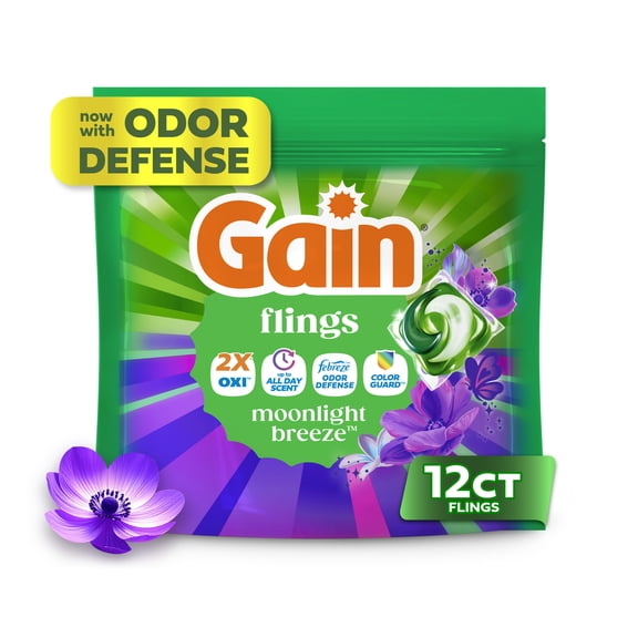 Gain Flings Laundry Detergent Soap Pacs, 4-in-1 Oxi Boost and Febreze, Moonlight Breeze Scent, 12 Count