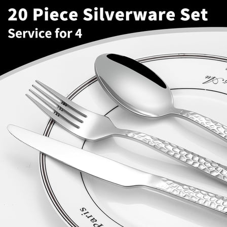 JUNCHI-20-Piece Silverware Set, Hammered Stainless Steel Flatware Set for 4, Kitchen Utensil Cutlery Set Include Forks and Spoons Knives Flatware Set, Mirror Finish & Durable, Dishwasher Safe